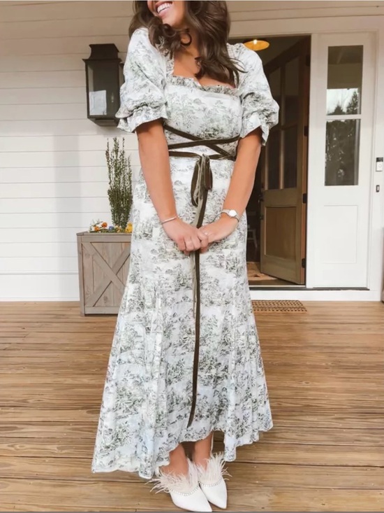 ANTONIO MELANI Dresses & Skirts - ANTONIO MELANI Sage Floral Puff-Sleeve Maxi Dress with Olive Tie